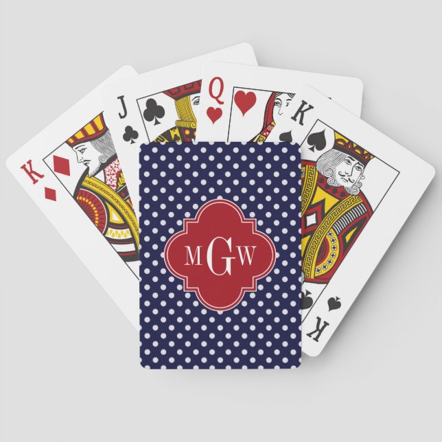 Tunga Whp Polka Dot Cranberry Quatrefoil 3 Monogra Spelkort (Baksidan)