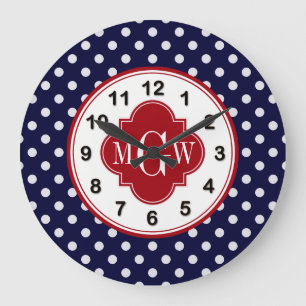 Tunga Whp Polka Dot Cranberry Quatrefoil 3 Monogra Stor Klocka