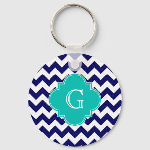 Tunga Wht Chevron ZigZag Teal Quatrefoil Monogram Nyckelring