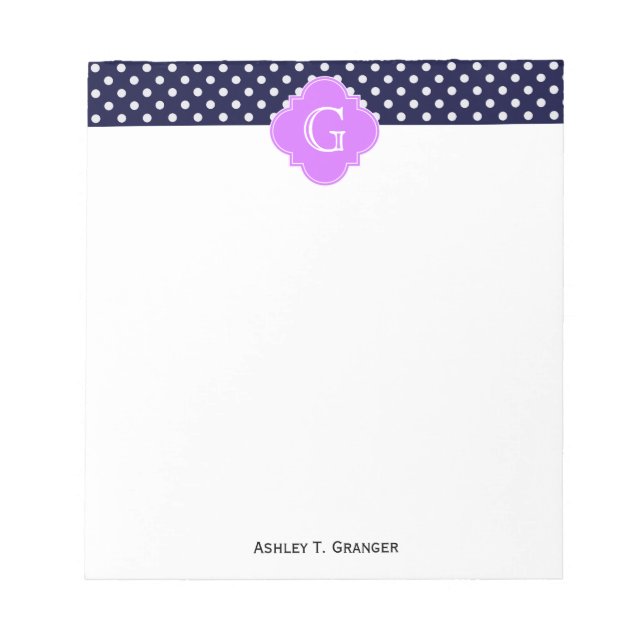 Tunga Wht Polka Dot Lilac Quatrefoil Monogram Anteckningsblock (Framsida)