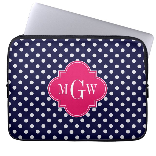 Tunga Whta Polka Dot Raspberry Quatrefoil 3 Monogr Laptop Sleeve (Framsidan)