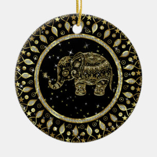 Tungande elefant från guld med guld ram julgransprydnad keramik
