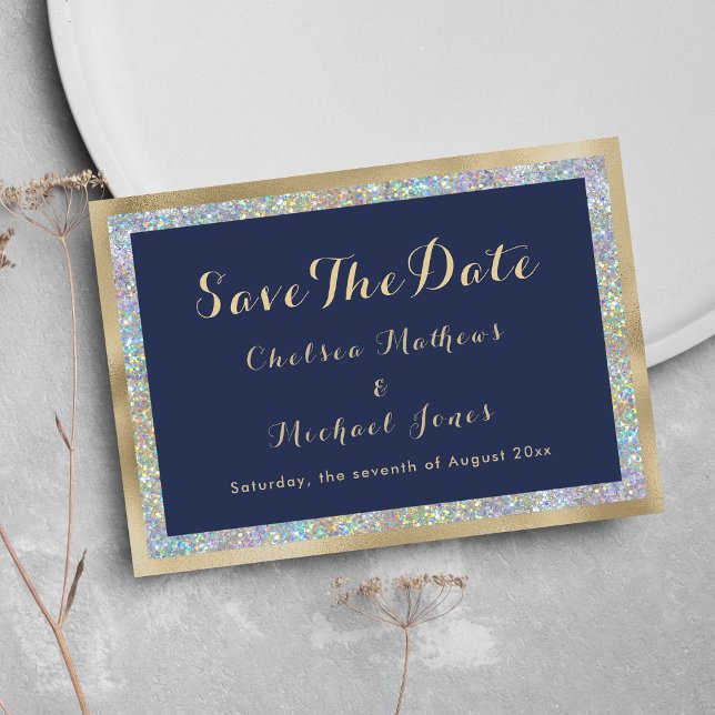 Tungblå holografi guld silver Spara datum Datumet (Navy blue gold silver holographic Save The Date)