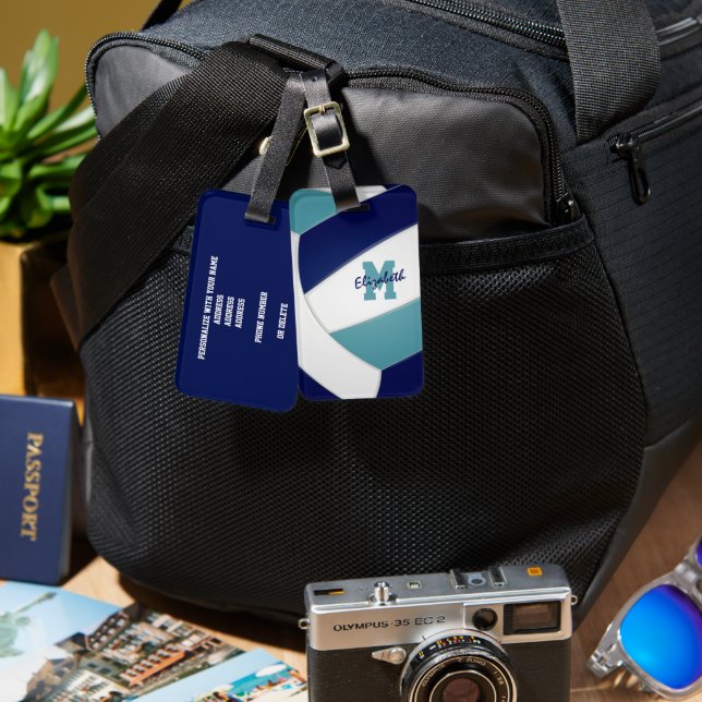 Tungblått team färg med monogrammet volleyball bagagebricka (Fram & Baksida)