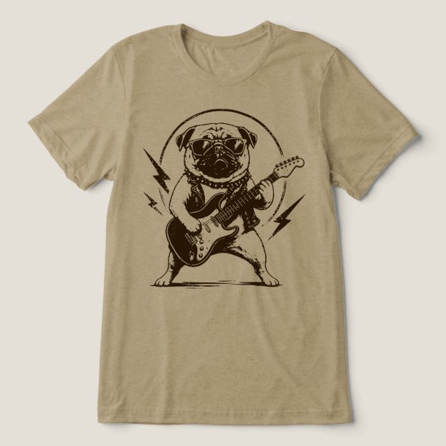 Tungmetall Pug Hund som sliter på Elgitarr T Shirt (Design Framsida)