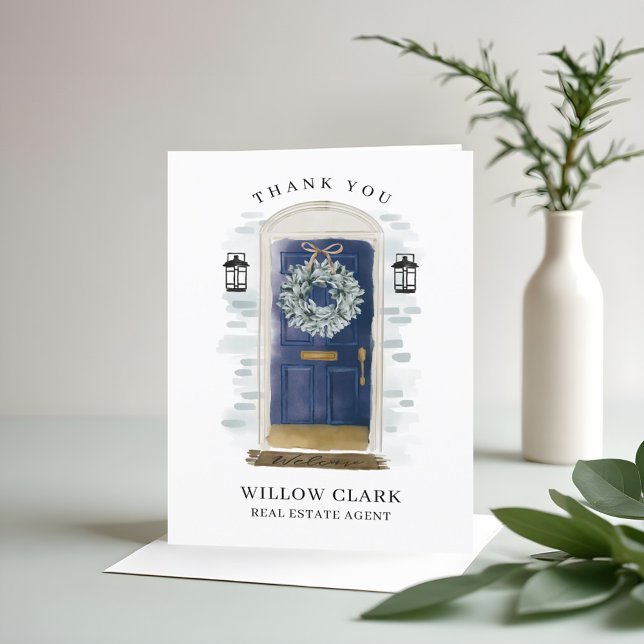Tungt blått vattenfärgsfrämre dörr och Tack av kra Kort (Navy Blue Watercolor Front Door & Wreath Thank You)
