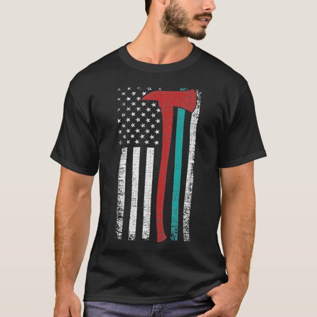 Tunin Red Line Firefighter PTSD Awareness Teal T Shirt (Framsida)