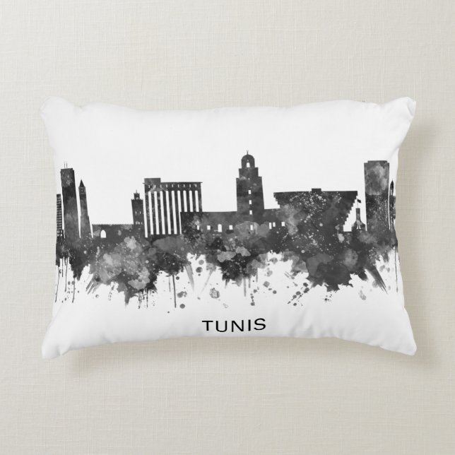 Tunis Tunisien Skyline BW Prydnadskudde (Framsidan)