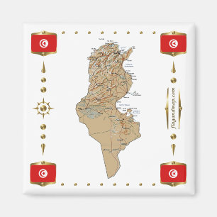 Tunisien Karta + Flaggor Magnet