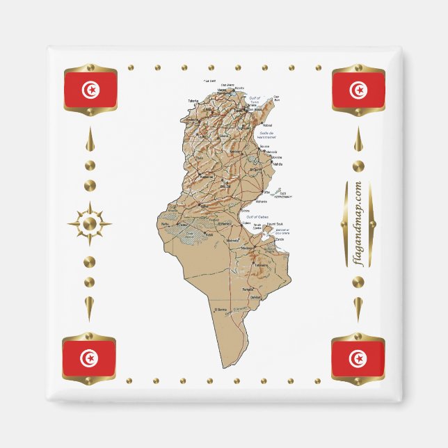 Tunisien Karta + Flaggor Magnet (Framsidan)