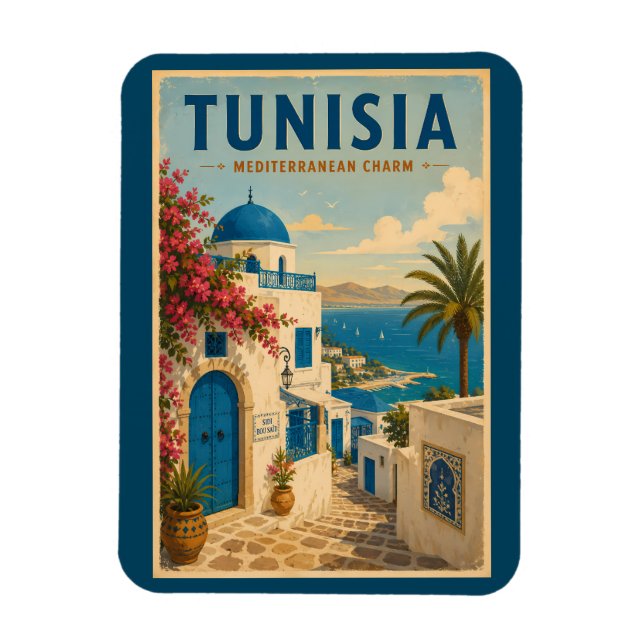 Tunisien landskapsillustration resekonst vintage magnet (Vertikal)