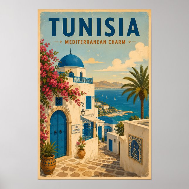 Tunisien landskapsillustration resekonst vintage poster (Framsidan)