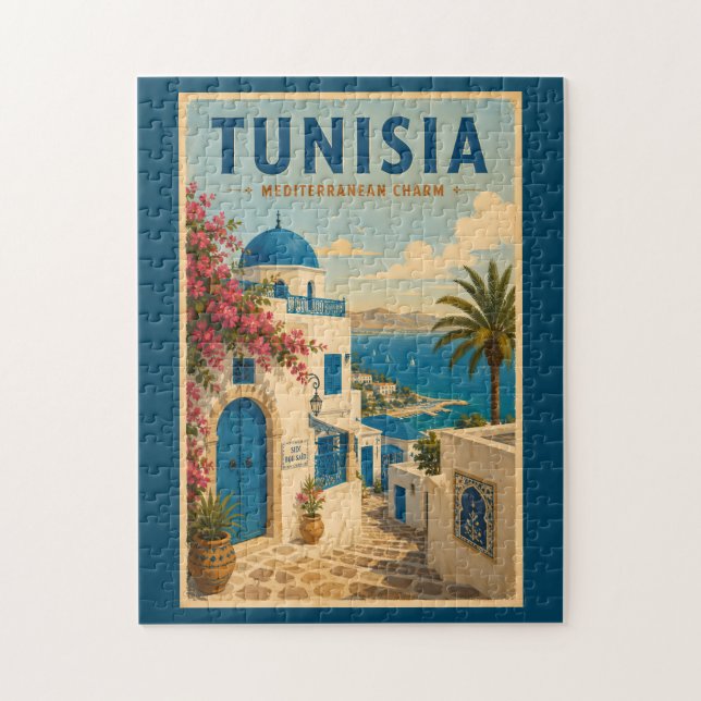 Tunisien landskapsillustration resekonst vintage pussel (Vertikal)