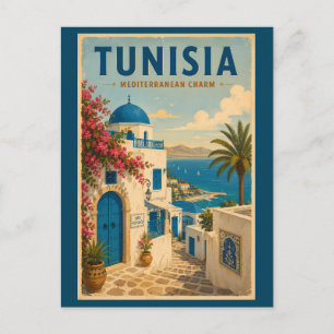 Tunisien landskapsillustration resekonst vintage vykort