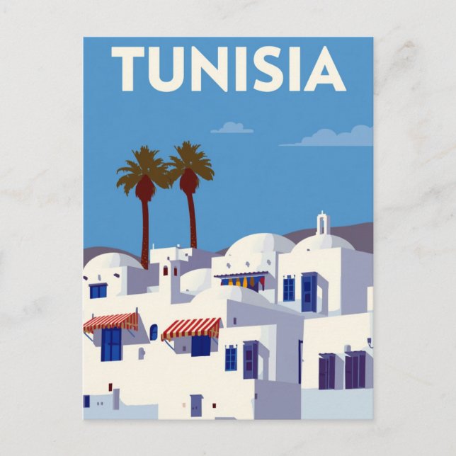 Tunisien Palmträd Blå & Vit Konst Vykort (Framsida)