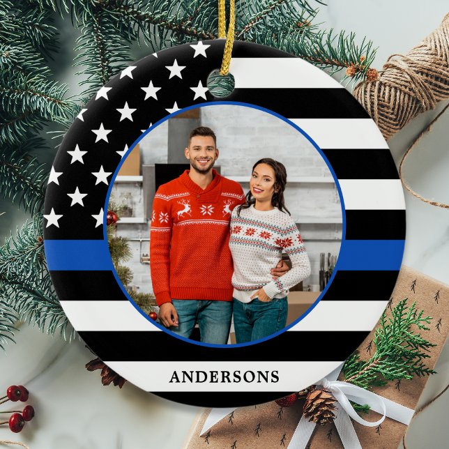 Tunn blå Anpassningsbar Fotopaktion jul Julgransprydnad Keramik (Skapare uppladdad)