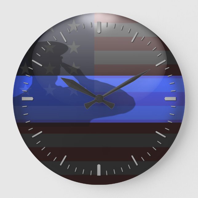 Tunn blå linje - Flagga Salute Large Clock Stor Klocka (Framsida)