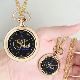 Tunn blå linje, Guld Monogrammed Namn och Namnteck Armbandsur