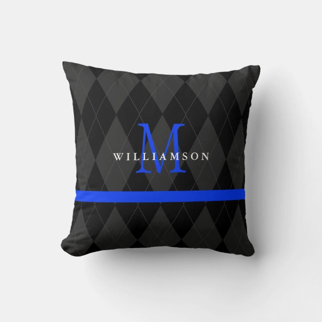 Tunn blå linje monogram svart argyle-mönster kudde (Framsida)