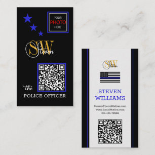 Tunn blå linje och modern QR-kod/monogrammad Namn Visitkort