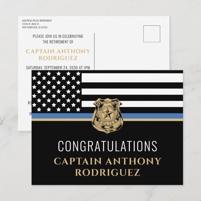 Tunn blå linje polis pensionering inbjudan vykort (Fram/baksida)