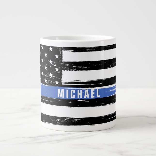Tunn blå linje polisflagga grunge personlig jumbo mugg (Framsidan)
