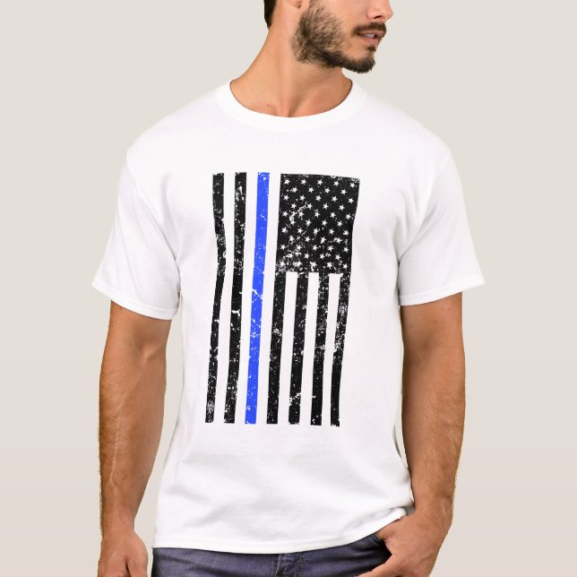Tunn blålinjen - USA flagga - bekymrad polis Tee (Framsida)