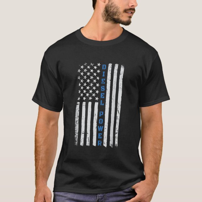 Tunn Blue Line American Flagga Diesel Power Shirt T Shirt (Framsida)