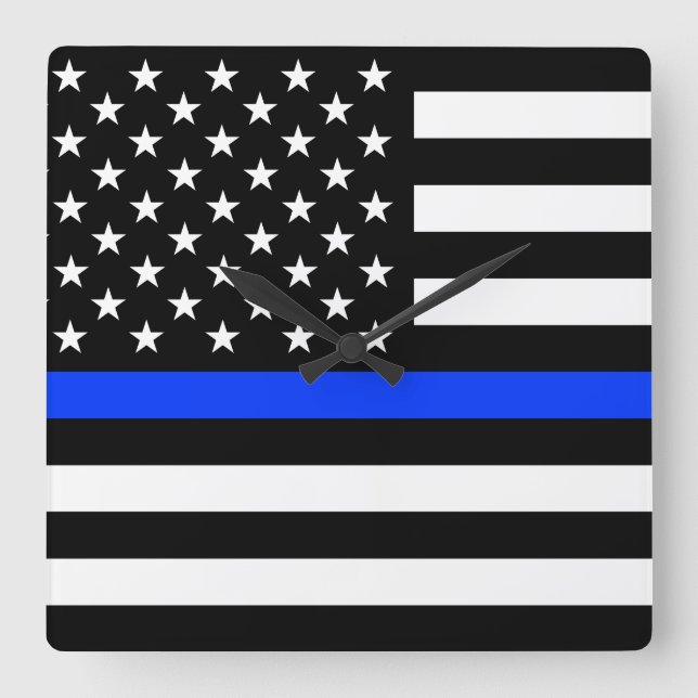 Tunn Blue Line-polisens Flagga Fyrkantig Klocka (Framsida)
