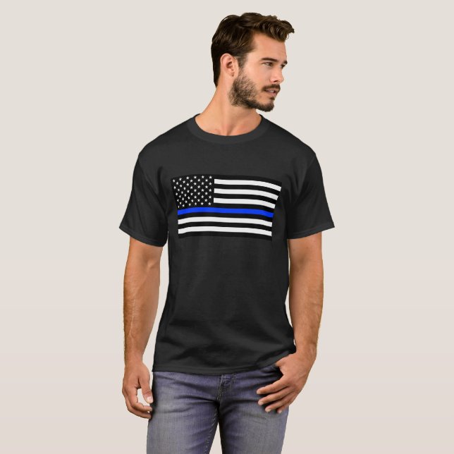 Tunn Blue Line-polisens Flagga T Shirt (Hel framsida)