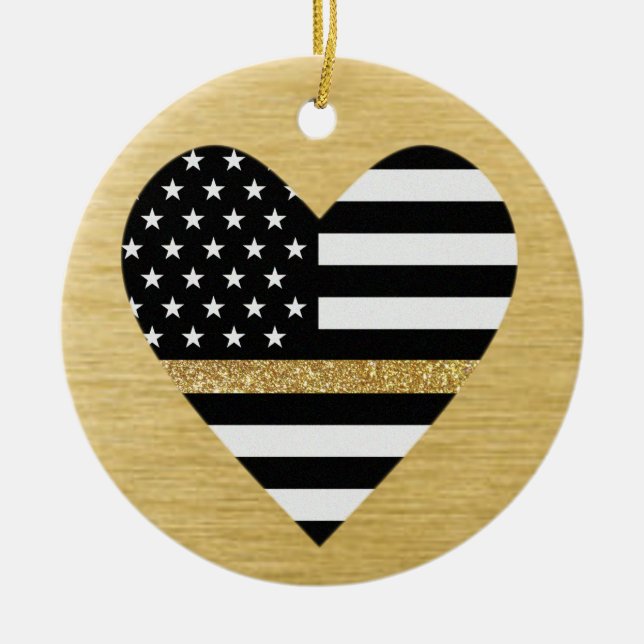 Tunn Gult Line Glitter Flagga Heart Julgransprydnad Keramik (Framsidan)