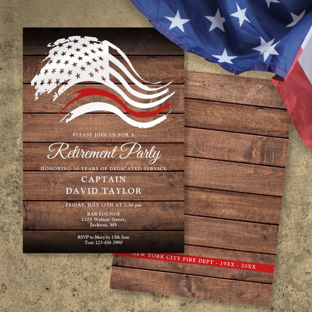 Tunn röda linjen Brandmans pensionsfest Rustik Inbjudningar (Firefighter Retirement Party Thin Red Line Rustic Invitation)