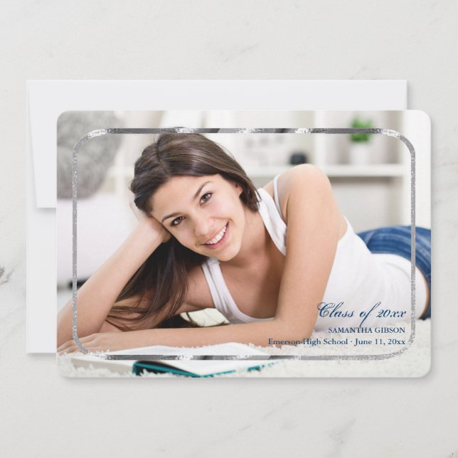 Tunn silverfärg ram foto examensannonsering meddelande (Framsida)