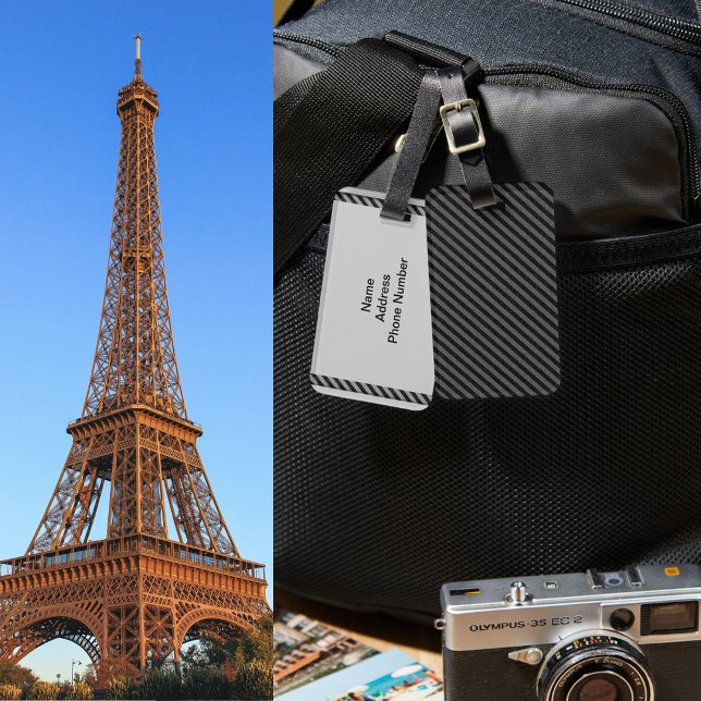 Tunn svart och Grått Diagonal Rand Bagagebricka (Thin Black and Gray Diagonal Stripes Luggage Tag)