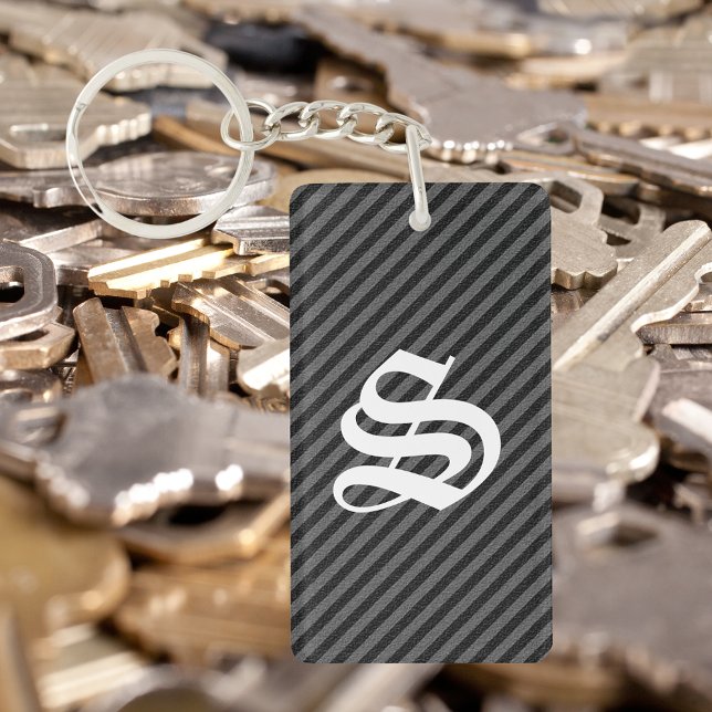 Tunn svart och Grått Diagonal Rand Nyckelring (Thin Black and Gray Diagonal Stripes Keychain)
