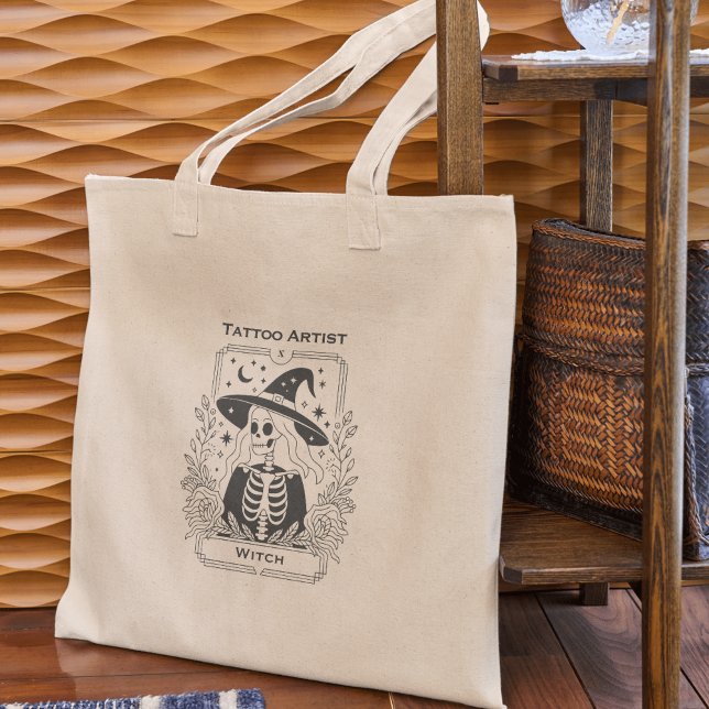 Tunn tatuering, svart och vit taktprojektion tygkasse (Gothic Tattoo Black And White Witch Tarot Design Tote Bag)