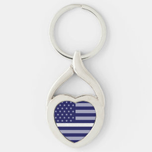 Tunn vit linje Glitter Flagga Twisted Heart Silverfärgad Nyckelring