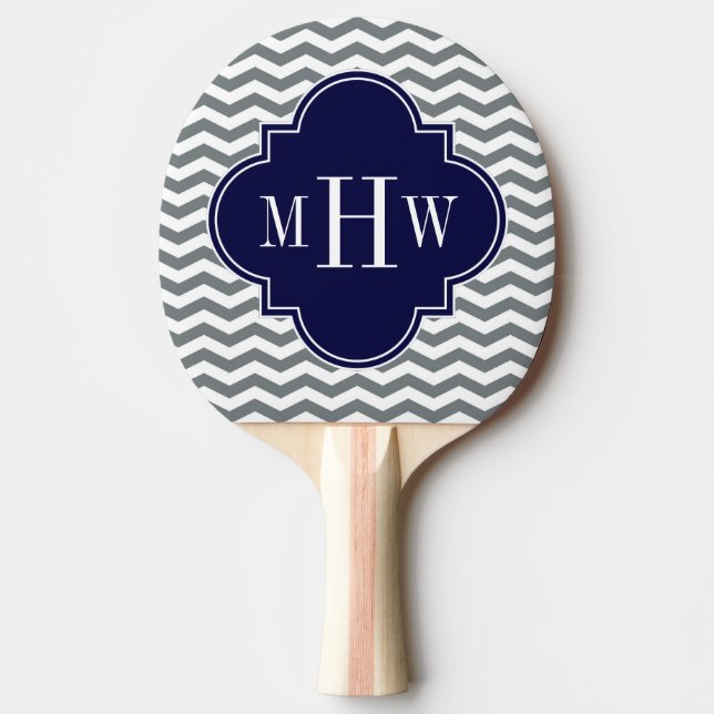 Tunnkolstunn Chevron Navy Quatrefoil 3 Monogram Pingisracket (Framsidan)