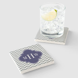 Tunnkolstunn Chevron Navy Quatrefoil 3 Monogram Underlägg Sten