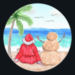 Tunnus och Snögubbe på Beach-julen Runt Klistermärke<br><div class="desc">Lustigt tomten och Snögubbe på Beach-julklistermärken. Om du är en snöfågel som bor i Florida eller någon annanstans längs kusten,  är det här söta klistermärken att sätta på dina julkort!</div>