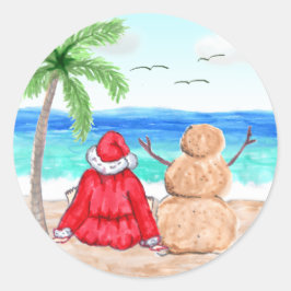 Tunnus och Snögubbe på Beach-julen Runt Klistermärke