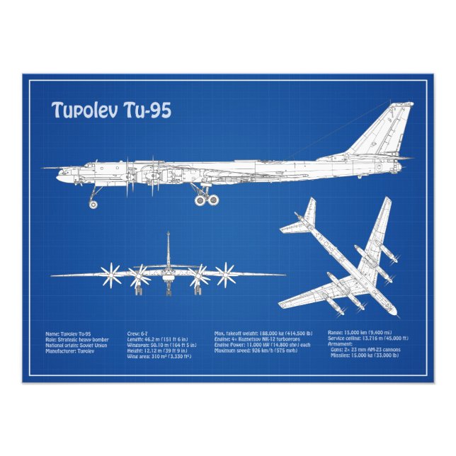 Tupolev Tu-95 - Flygplanets plan för blåkopia ABD Fototryck (Framsidan)
