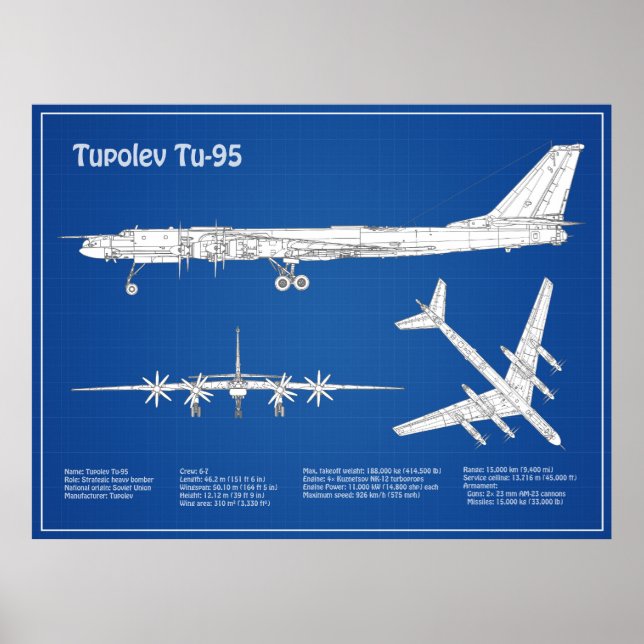 Tupolev Tu-95 - Flygplanets plan för blåkopia ABD Poster (Framsidan)