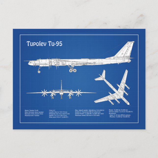 Tupolev Tu-95 - Flygplanets plan för blåkopia ABD Vykort (Framsida)