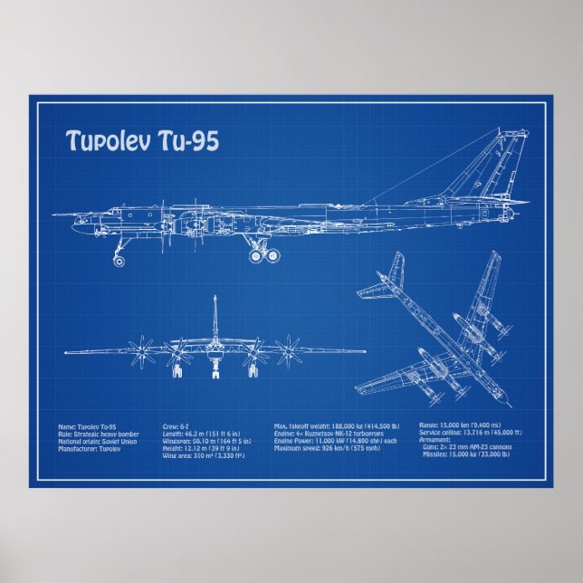 Tupolev Tu-95 - Flygplanets plan för blåkopia AD Poster (Framsidan)