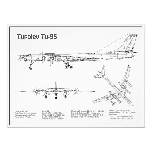 Tupolev Tu-95 - Flygplanets plan för blåkopia BD Fototryck (Framsidan)