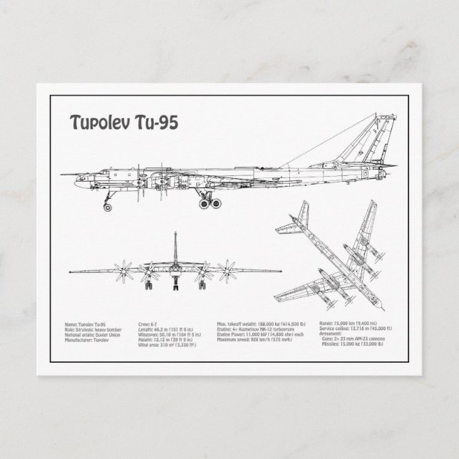 Tupolev Tu-95 - Flygplanets plan för blåkopia BD Vykort (Framsida)