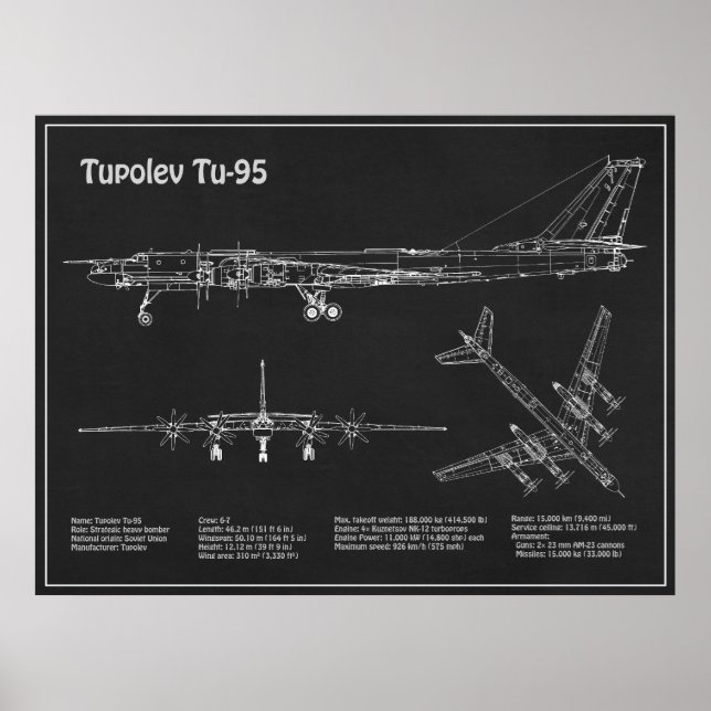 Tupolev Tu-95 - Planer för flygplansskiss PD Poster (Framsidan)