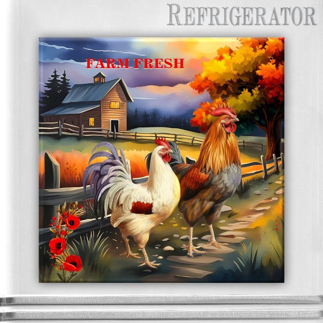 Tupp Chicken Farm Land Kitchen Magnet (Kitchen magnet featuring a colorful painting of a country farm scene with a rooster and chicken)