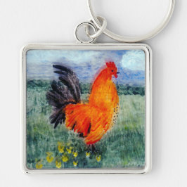 Tupp Cockerel Art Chicken Fyrkantig Silverfärgad Nyckelring